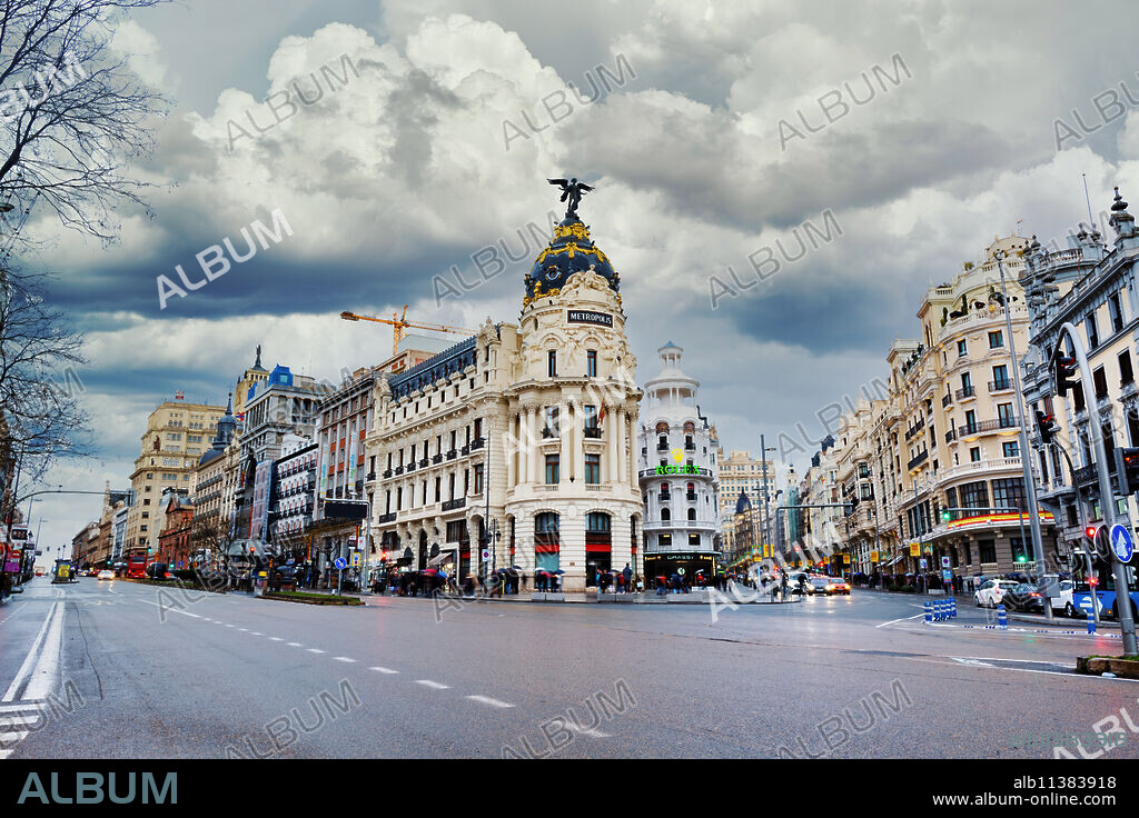 The Famous Edificio Metropolis Building in Madrid City located at Gran Via street, Madrid, Spain, Europe.