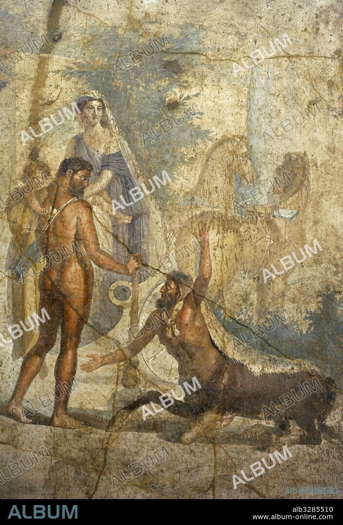 Hércules con Hilo en brazos, mira al centauro Neso. Junto a ellos Deyanira. Fresco romano. Siglo I. Casa del Centauro. Pompeya. Museo Arqueológico Nacional. Nápoles. Italia.