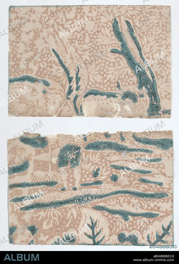 Anonymous, Sheet in two sections with pink and green scenic pattern, Anonymous, 18th century, 18th century, Relief print (wood or metal), Sheet (Top): 4 1/16 × 5 13/16 in. (10.3 × 14.8 cm), Sheet (Bottom): 4 1/8 × 5 7/8 in. (10.5 × 14.9 cm), Prints.