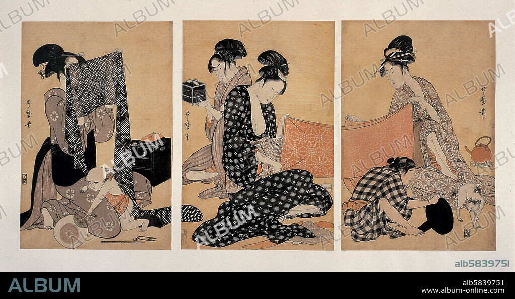 KITAGAWA UTAMARO. Women sewing, Edo period, Japan, c1795-c1796. A group of respectable married women, surrounded by their children and even a pet cat are working together on a hot summer's day folding and mending obi sashes. On the right, two of them stretch and fold a red silk sash tie-dyed with a white 'starfish' pattern. On the left, the sewing equipment scattered on the floor suggests that this woman is holding up the sash to check a mend she has just made in the fine gauze. A teenage girl examines an insect, perhaps a firefly, in its tiny cage. A little boy teases a cat with its reflection in a mirror, while a baby plays with its mother's fan. Utamaro depicted more types of women, in various activities, than any other Ukiyo-e artist. JA, 1912.4-16.0220.