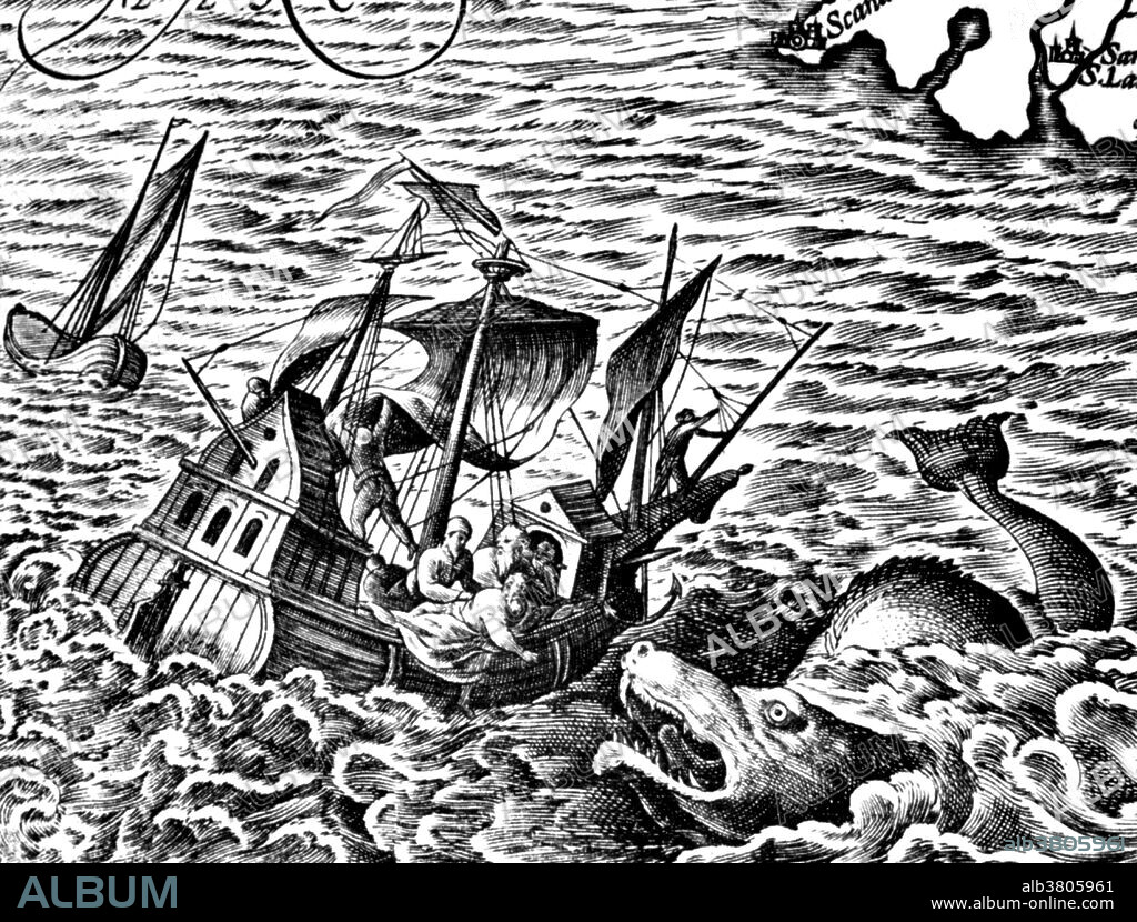 Detail from a map in the atlas Theatrum orbs terrarium, Abraham Ortelius, 1583. Old fears of the unknown are reflected even is this revolutionary work of science. Sea monsters are sea-dwelling mythical or legendary creatures, often believed to be of immense size. Marine monsters can take many forms, including sea dragons, sea serpents, or multi-armed beasts. They can be slimy or scaly and are often pictured threatening ships or spouting jets of water.