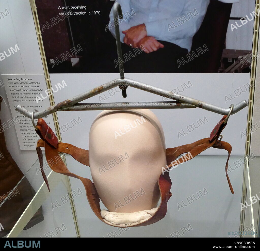 Cervical traction harness and frame used to give traction to a patient's neck whilst weights attached would stretch their neck and relieve pain. Dated 19th Century.