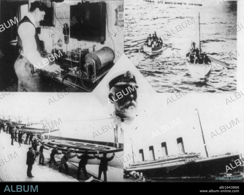 Loss of RMS Titanic which struck an iceberg on 12 April 1912. Wireless operator on SS Carpathia receiving distress message: Captain Smith of the Titanic: Lifeboats bringing survivors to the Carpathia. Shipwreck Disaster.