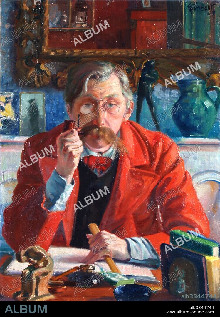 GEORGES HENRI TRIBOUT. Portrait of Émile Verhaeren (1855-1918) with red coat.