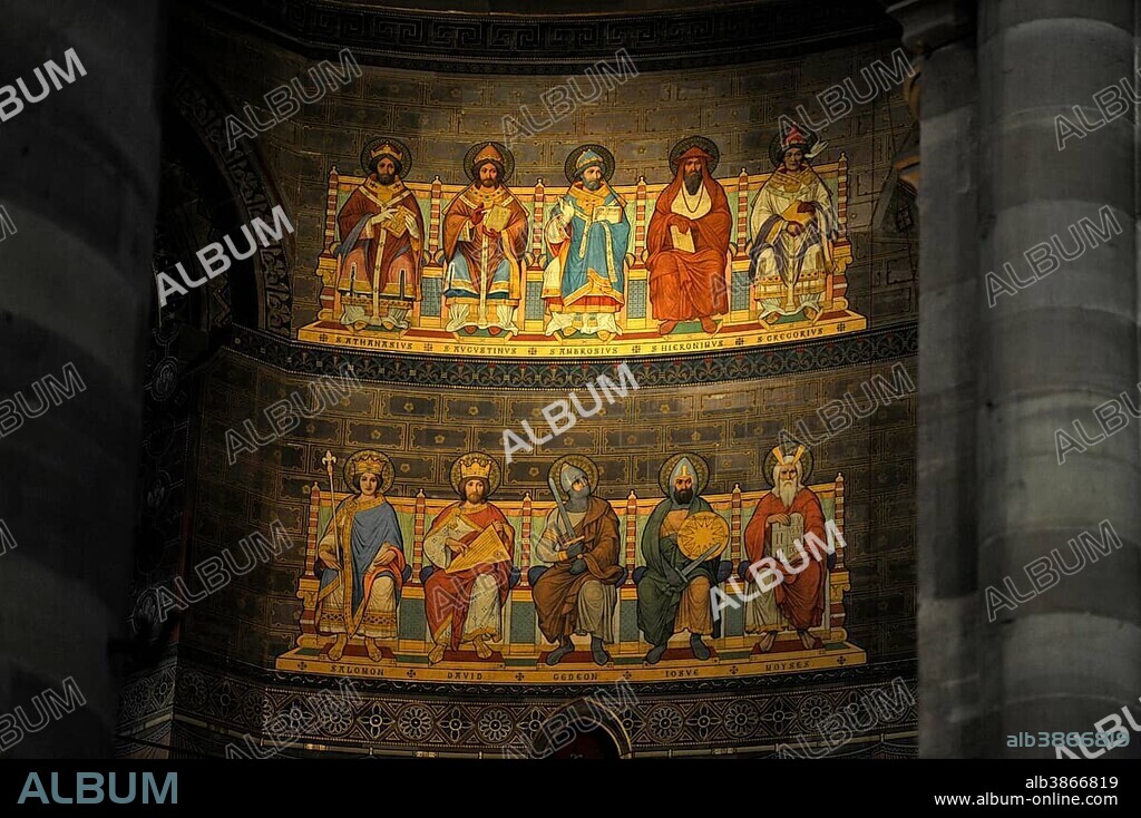 Romanesque choir apse with a fresco in Neo-byzantine style, choir, interior view, Strasbourg Cathedral, Cathedral of Our Lady of Strasbourg, Strasbourg, Bas-Rhin department, Alsace, France, Europe.