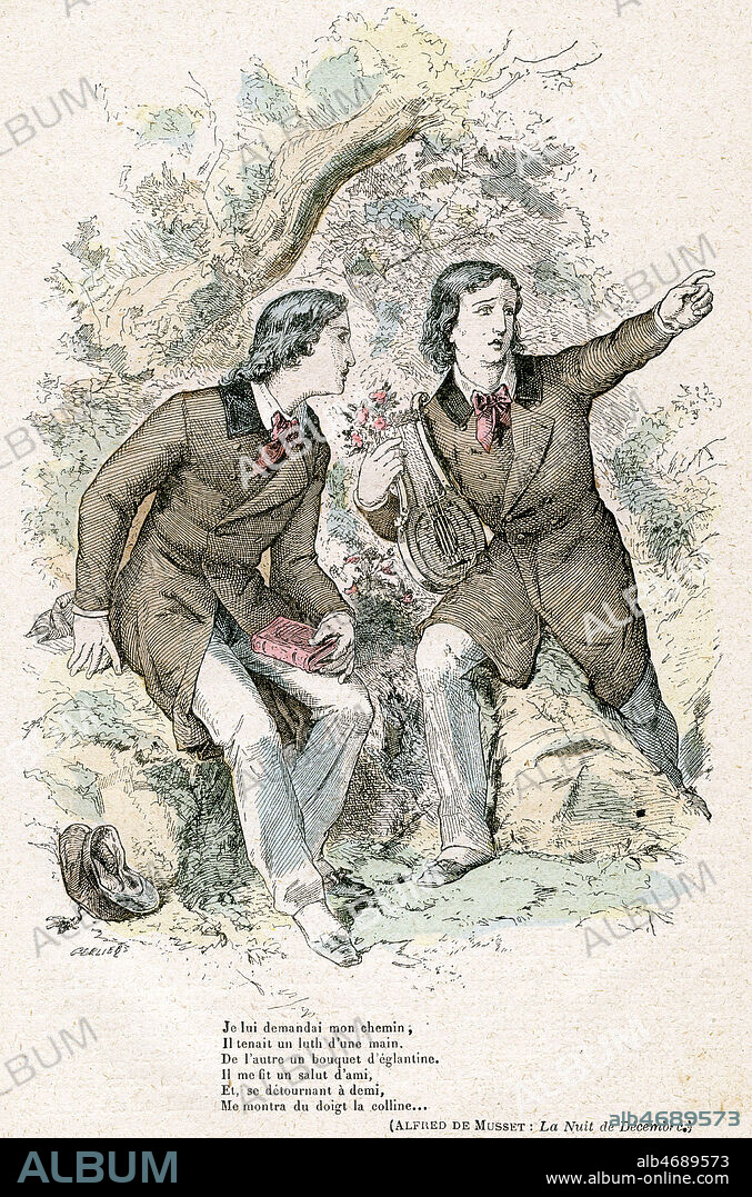 La nuit de decembre par Alfred de MUSSET. Illustration de 1880 par GERLIER (ne en 1826) reprise dans Les grands ecrivains et les grandes oeuvres par Aristide ROGER. Credit : Collection Jonas/KHARBINE-TAPABOR.