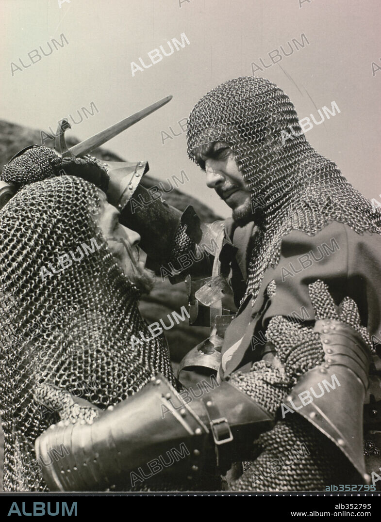 ROBERT TAYLOR and STANLEY BAKER in KNIGHTS OF THE ROUND TABLE, 1953, directed by RICHARD THORPE. Copyright M.G.M.