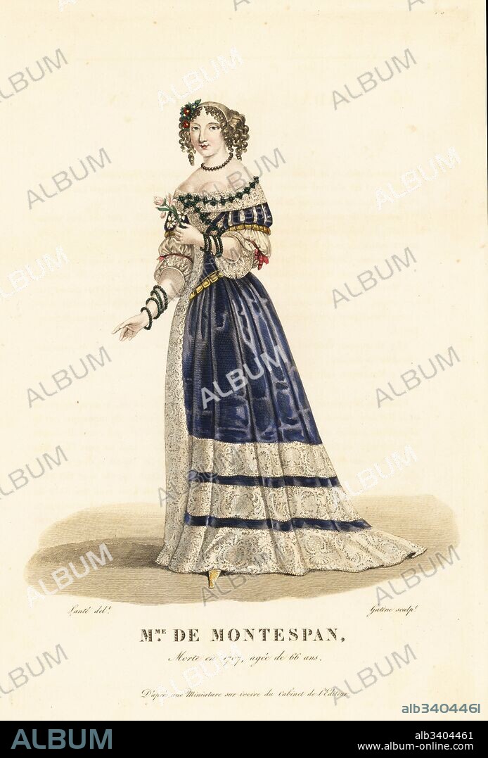 Madame de Montespan, mistress to King Louis XIV of France, 1640-1707. She wears her hair in ringlets, an unusual dress of lace on one side, and blue silk on the other, adorned with artificial foliage. After a miniature on ivory in the editor's collection. Handcoloured copperplate engraving by Georges Jacques Gatine after an illustration by Louis Marie Lante from Galerie Francaise de Femmes Celebres, Paris, 1827.