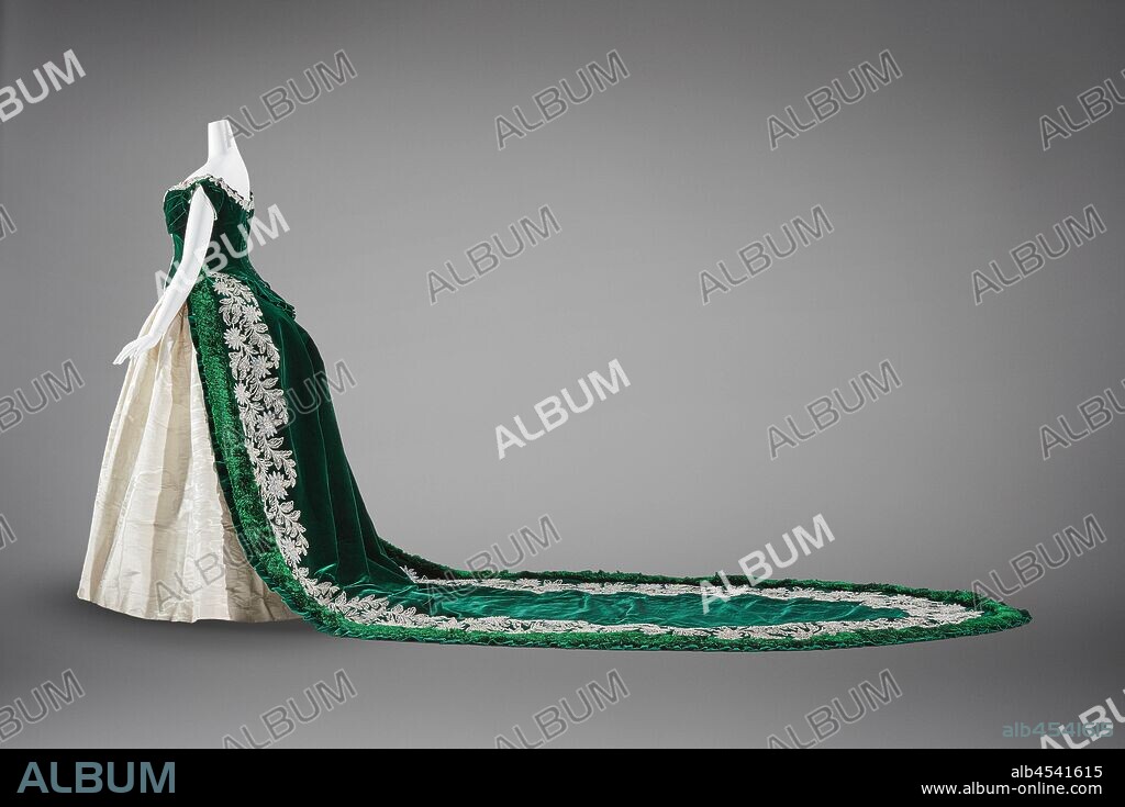 Imperial Russian court dress, Charles Frederick Worth, Designer (English, 1825-1895), about 1888, silk velvet, silver lamé moiré, embroidered with clear glass crystals, silver sequins, silver foil, silver strips, A) bodice: shoulder to hem 14 in., waist 27 in. B) skirt: front to hem 47-1/2 in. C) train: 130 x 60 in., Label: Paris, C WORTH, Paris, Textile and Fashion Arts.