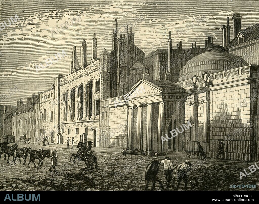 'York House in 1795', (1881). York House in Whitehall, London, was designed by James Paine and built between 1755 and 1758. It was refurbished by Henry Holland for Prince Frederick, Duke of York, who lived there from 1788 to 1792. The building was later the headquarters of the Scotland Office, and has also been known as Melbourne House, and more recently Dover House. From Old and New London: A Narrative of Its History, Its People, and Its Places. Westminster and the Western Suburbs, by Edward Walford, Vol. III. [Cassell, Petter, Galpin & Co., London, Paris & New York, 1881].
