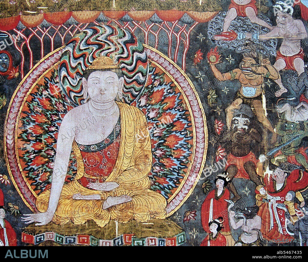 First illustration of Fire Lance And a Grenade, 10th Century, Dunhuang. Detail from an illustration of Sakyamuni's temptation by Mara, with the demons at upper right threatening with the fire lance and other weapons while those at lower right tempt with women.
