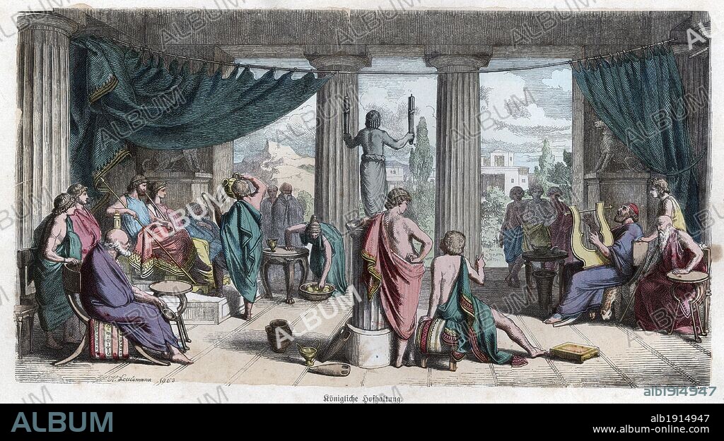 Historia Antigua. Grecia. Escena de la corte real. Grabado alemán de 1863.