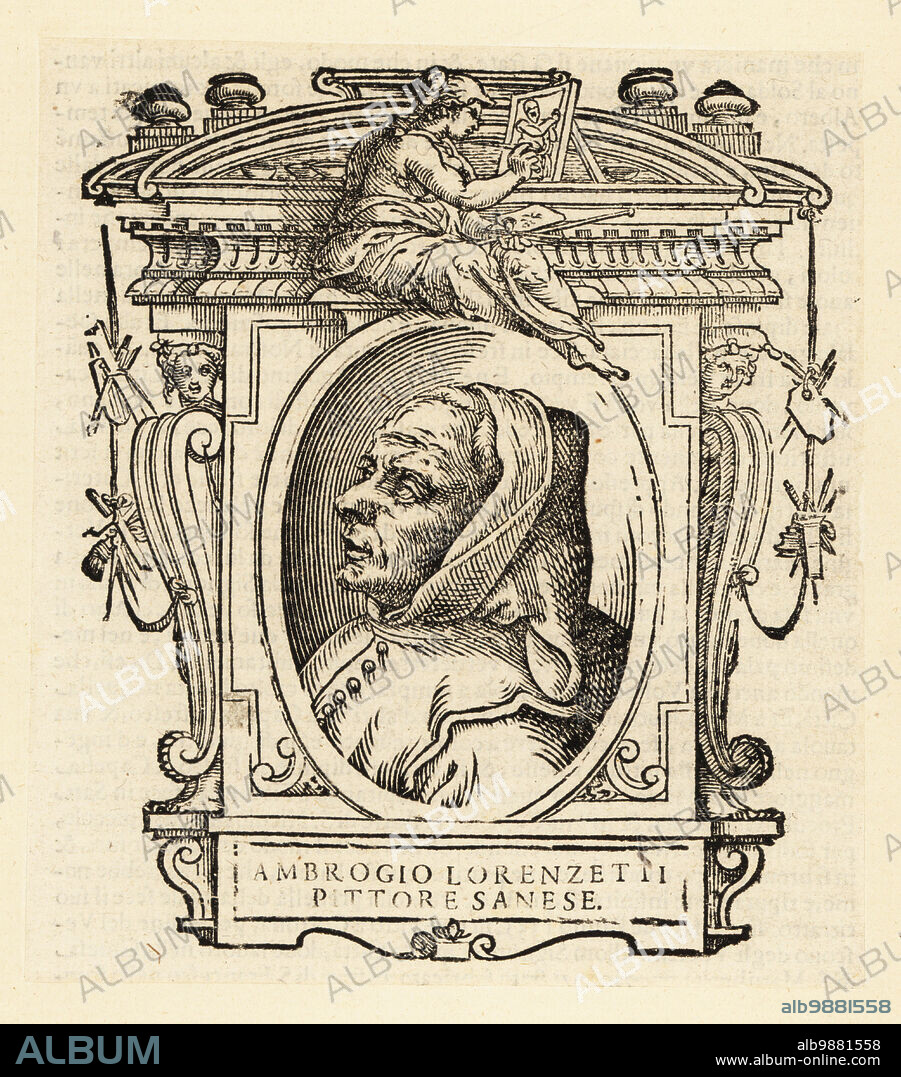 Portrait of Ambrogio Lorenzetti or Ambruogio Laurati, Italian painter of the Sienese school, c.1290-1348. Ambrogio Lorenzetti Pittore Sanese. Woodcut from Giorgio Vasaris Le vite de piu eccellenti pittori, scultori, et architettori, The Lives of the Most Excellent Painters, Sculptors and Architects, Florence, 1678.