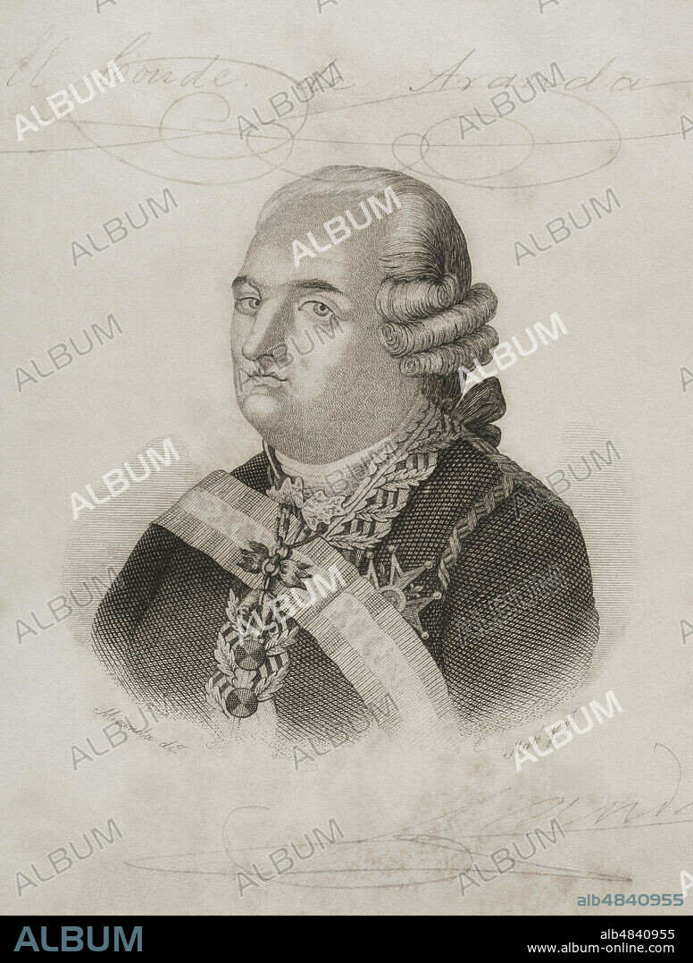 Pedro Pablo Abarca de Bolea y Ximenez de Urrea, X Conde de Aranda (1719-1798). Noble, diplomático, militar, presidente del Consejo de Castilla (1766-1773) y secretario de Estado de Carlos IV (1792). Ilustración por Miranda. Grabado por Maté. "Historia del Levantamiento, Guerra y Revolución de España", por el conde de Toreno. Madrid,1851.