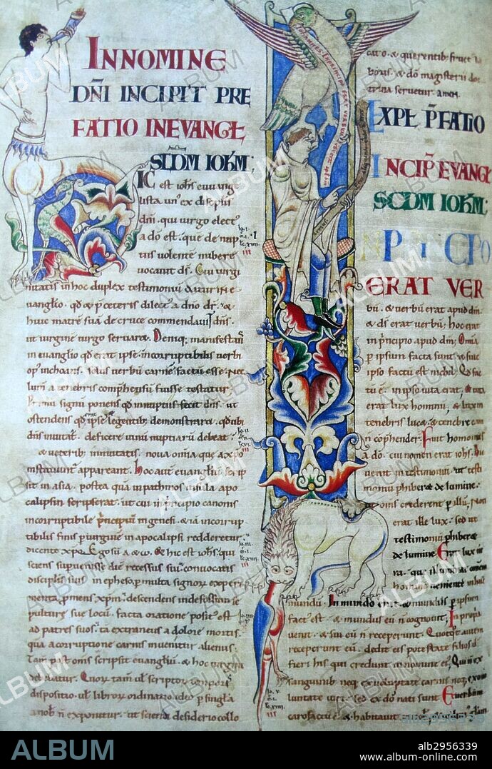 Part of Stephen Harding's Bible. The 'I' of 'In principo', formed by St John (in the white habit of a Cistercian) and his eagle , which is shown digging it's talons into his eyes, nose, mouth and ears, symbolising the word of God being imprinted upon his senses. An example of Cistercian art. Dated 12th Century.