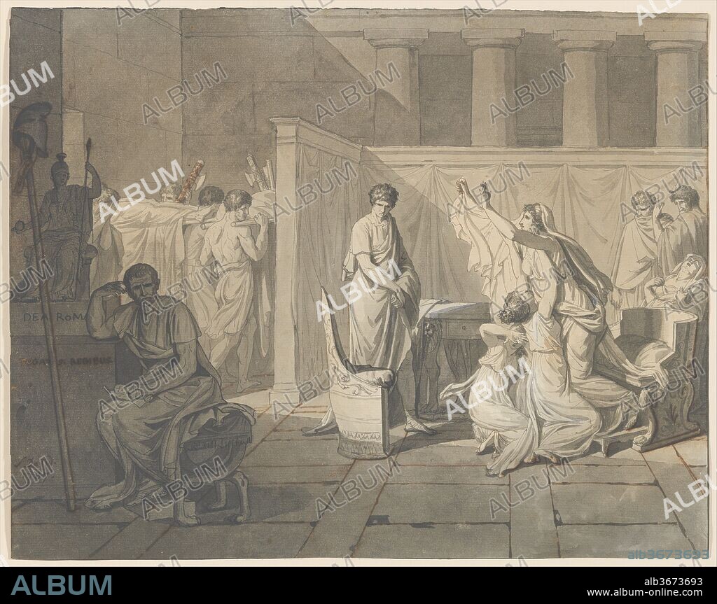Study for The Lictors Bringing Brutus the Bodies of his Sons. Artist: Jacques Louis David (French, Paris 1748-1825 Brussels). Dimensions: Sheet: 13 1/16 x 16 9/16 in. (33.2 x 42.1 cm). Date: 1787.
This sheet is a compositional study for The Lictors Bringing Brutus the Bodies of His Sons (Musée du Louvre, Paris), which Jacques Louis David painted on the eve of the French Revolution and exhibited shortly after the fall of the Bastille in 1789. The subject, drawn from Roman history, found great resonance in the context of contemporary events. The canvas depicts an episode from the life of Lucius Junius Brutus, who put an end to the brutal regime of Tarquin, Rome's last king, and established the first Roman Republic, only later to find his two sons embroiled in a royalist conspiracy. True to his political convictions, Brutus condemned his sons to death. The novelty of David's painting is its focus, not on the executions but on the wrenching domestic aftermath.
David's fully formed Neoclassical style can be seen here in the clean geometry of the architectural setting, the arrangement of the figures in a relieflike plane, the linear treatment of the forms, and the cool monochrome palette. The furniture and accessories and the poses of the main figures, from the brooding Brutus at the left to his anguished wife and daughters at the right, are all based on antiquities David copied while he was a student in Rome.