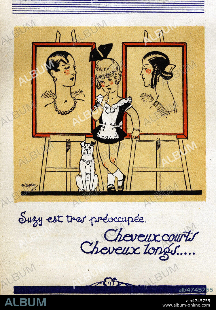 'Suzy est tres preoccupee. Cheveux courts, cheveux longs...'. Carte publicitaire vers 1920. Credit : Collection IM/KHARBINE-TAPABOR.