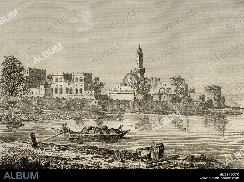 Historia de Yemen. Moka (Mokka). Panorámica de la ciudad en la costa del mar Rojo. Grabado por Fleury. Panorama Universal. Historia de la Arabia, 1851. Biblioteca Histórico Militar de Barcelona. Cataluña. España.