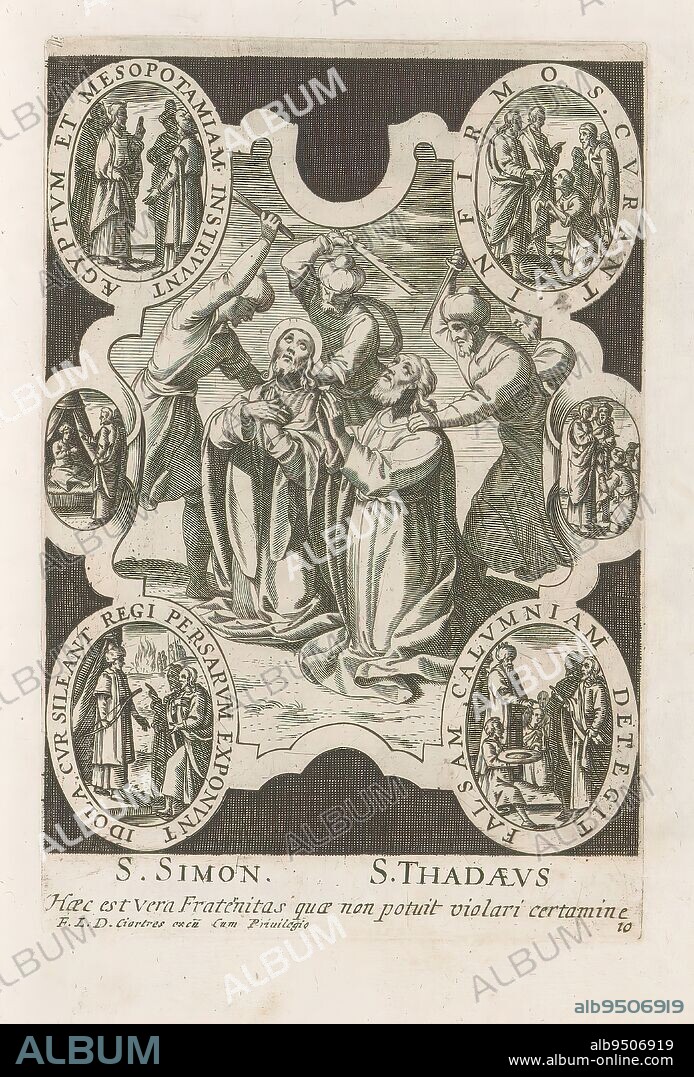 Martyrdom of Simon and Judas Thaddeus, S. Simon. S. Thadaeus (title on object), Martyrdom of the Apostles (series title), Martyrdom of Simon and Judas Thaddeus, in a frame with six small scenes from their lives. Part of a series of twelve representations of the martyrdom of the apostles. Part of an album of mainly Christian representations., print maker: anonymous, publisher: François Langlois, (mentioned on object), unknown, (mentioned on object), Paris, 1610 - 1647, paper, engraving, height 178 mm × width 119 mm, height 298 mm × width 182 mm.