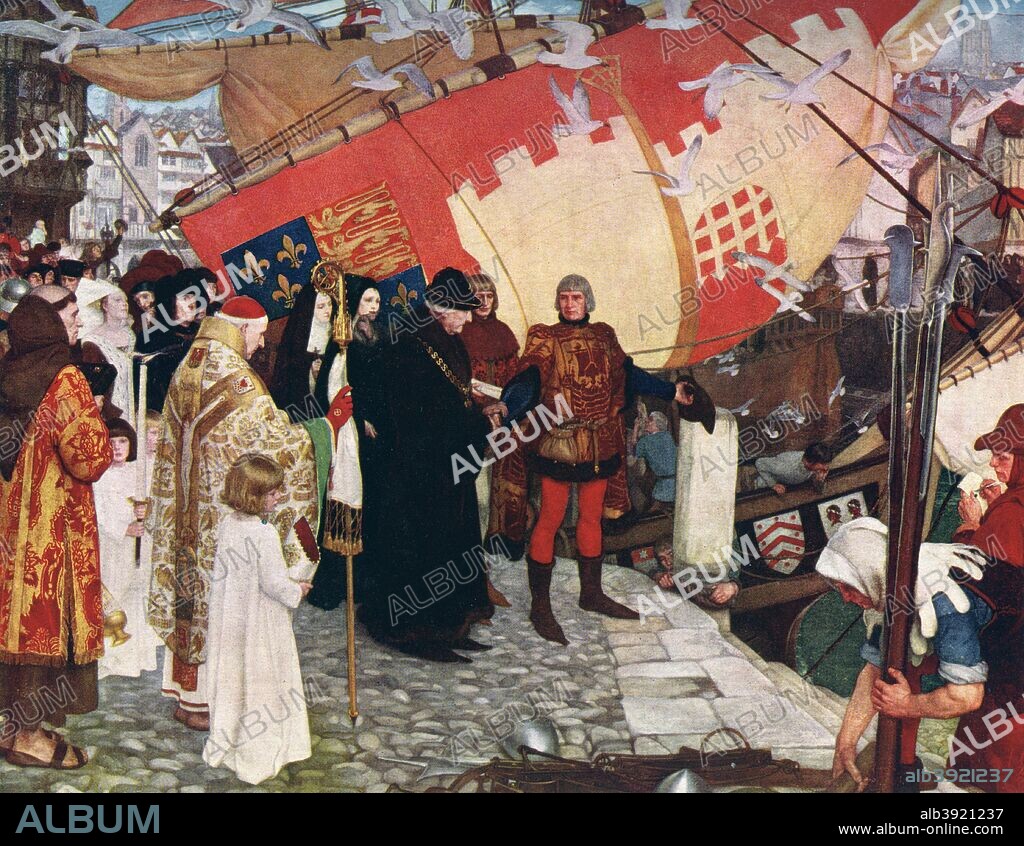 'The Departure of John and Sebastian Cabot from Bristol on their First Voyage of Discovery in 1497', 1906, (c1906-1920). Italian father and son navigators John and Sebastian Cabot. Illustration after a painting from the collection of the Bristol City Museum and Art Gallery. A print from Art History and Literature Illustrations, by Jessie Noakes, Virtue and Co, (London, c1906-1920).