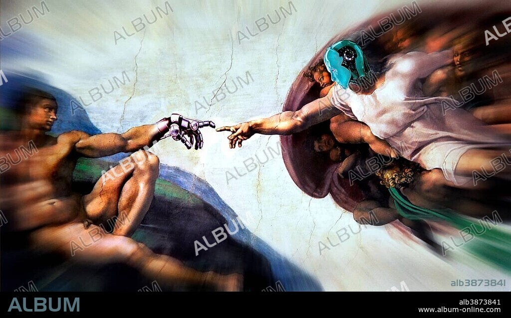 The Creation of Adam, Michelangelo, composed with robot hand and head