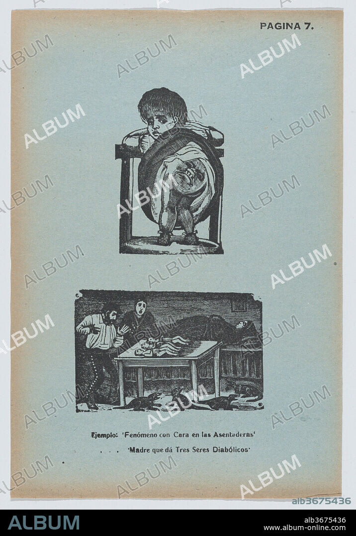 JOSE GUADALUPE POSADA. Page 7: a young girl with a face on her bottom (having two faces), a mother who gave birth to three diabolical beings, from '36 Grabados' (Mexico, 1943). Artist: José Guadalupe Posada (Mexican, 1851-1913). Dimensions: 13 3/4 × 9 7/16 in. (35 × 24 cm). Publisher: Arsacio Vanegas Arroyo (Mexican, 1922-2001). Date: 1943.
See comment for 46.46.102.