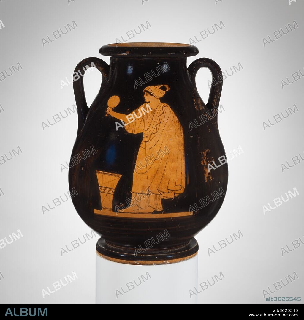 Terracotta pelike (jar). Culture: Greek, Attic. Dimensions: H. 10 7/8 in. (27.6 cm)
diameter  8 3/8 in. (21.3 cm). Date: ca. 480-470 B.C..
Obverse, woman with mirror and wool basket
Reverse, youth
A major task of Athenian women was to weave. The wool basket at this lady's feet, her garments that are given prominence by her pose, as well as the mirror in which she is admiring herself suggest her proficiency. Weaving the peplos that was dedicated to Athena every four years was a major enterprise. We may imagine that a woman such as the one on the pelike was involved.