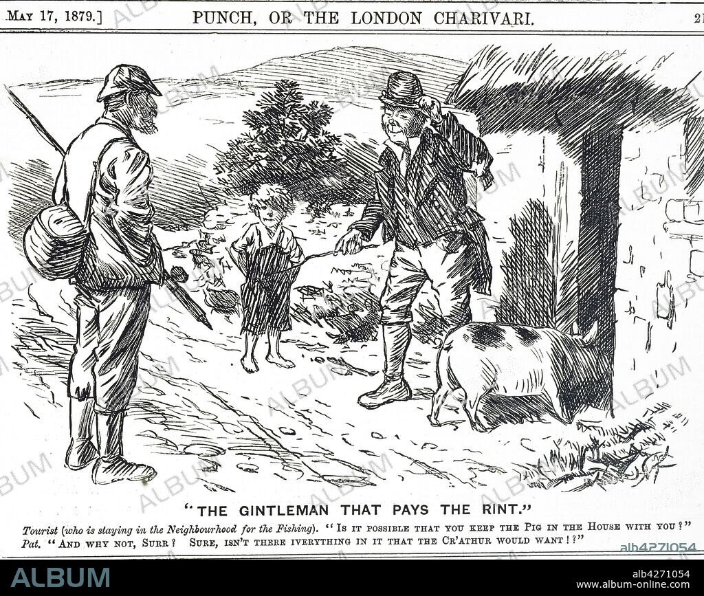 Cartoon titled 'Pigs'. For the Irish peasants the house pig was truly "The Gentleman that pays the Rint". Dated 19th century.