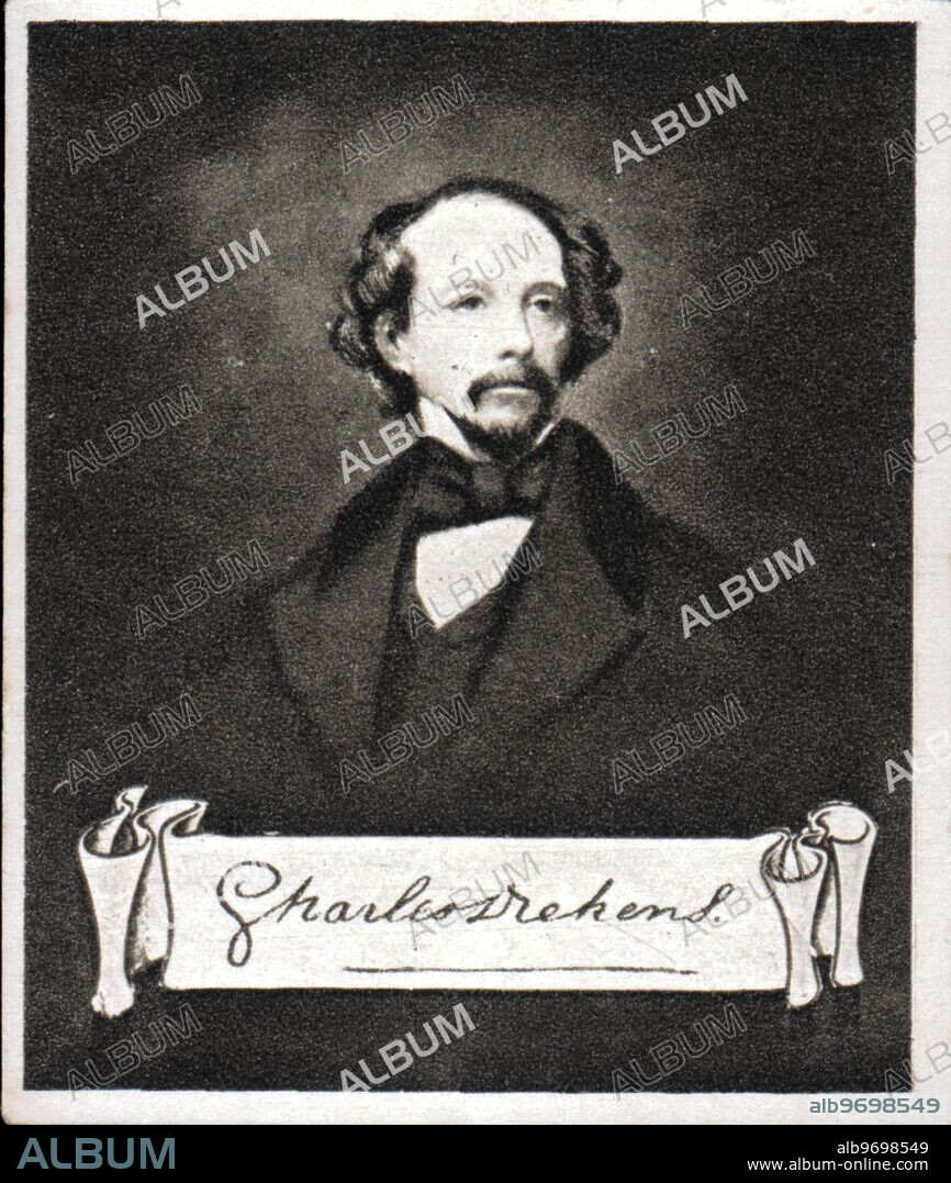CHARLES DICKENS. From the original at the National Portrait Gallery - Painting by Aryscheffer. 1855. His original signature can be seen in the Guildhall Library, London, on a letter written by him to Samuel Phelps, 29th August 1847, on his performance of Cymbeline, Saddlers Wells Theatre. Born at Landport, Portsea, 1812. Died at Gadshill, Rochester, 1870. First worked in a blacking factory at 6s. per week. Became reporter for the Press in the House of Commons. In 1836 issued "Sketches by Boz" and married daughter of George Hogarth. Wrote "Pickwick Papers"; also "Oliver Twist" as a serial. Editor of the Daily News 1846. Author of many celebrated books. With a strong sense of justice the abuses which he exposed brought about many reforms particularly in Poor Law Administration. He was buried in Westminster Abbey.