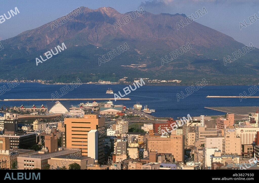 Sakurajima, an active volcano on Kinko Bay as seen from Kagoshima, "the Naples of Japan".