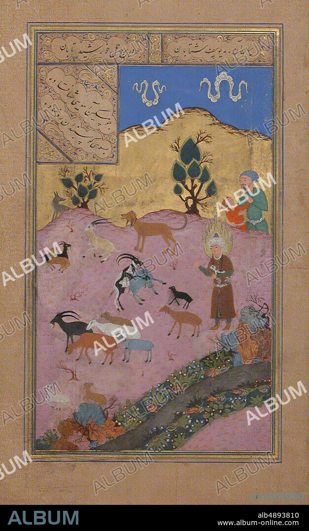 Maulana Nur al-Din `Abd al-Rahman Jami, 'Yusuf Tending the Flocks', Folio of a Yusuf and Zulaykha of Jami, Maulana Nur al-Din `Abd al-Rahman Jami (1414-92), Folio from an illustrated manuscript, 1523-24, Attributed to present-day Uzbekistan, Bukhara, Ink, opaque watercolor, silver, and gold on paper, Painting: H. 7 3/8 in. (18.7 cm), W. 4 1/8 in. (10.5 cm), Page: H. 10 5/8 in. (27 cm), W.6 13/16 in. (17.3 cm), Mat: H. 19 1/4 in. (48.9 cm), W. 14 1/4 in. (36.2 cm), Joseph arriving in Egypt, W., Codices.