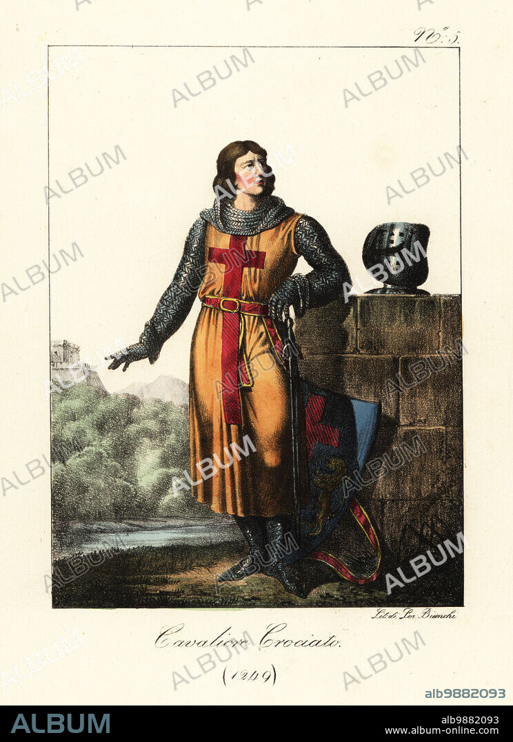 Costume of a French Crusader knight, 1249. In chainmail hauberk, tunic with cross, with sword and helm. Armorial shield with cross and rampant lions. Chevalier Croise. Handcoloured lithograph by Lorenzo Bianchi after Hippolyte Lecomte from Costumi civili e militari della monarchia francese dal 1200 al 1820, Naples, 1825. Italian edition of Lecomtes Civilian and military costumes of the French monarchy from 1200 to 1820.