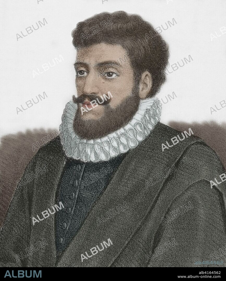 Francisco Sánchez el Escéptico (1551-1623). Filósofo escéptico y médico renacentista. Dibujo por Llanta. Detalle. Litografía. Coloreada. Retrato. Crónica General de España, Historia Ilustrada y Descriptiva de sus Provincias. Extremadura, 1870.