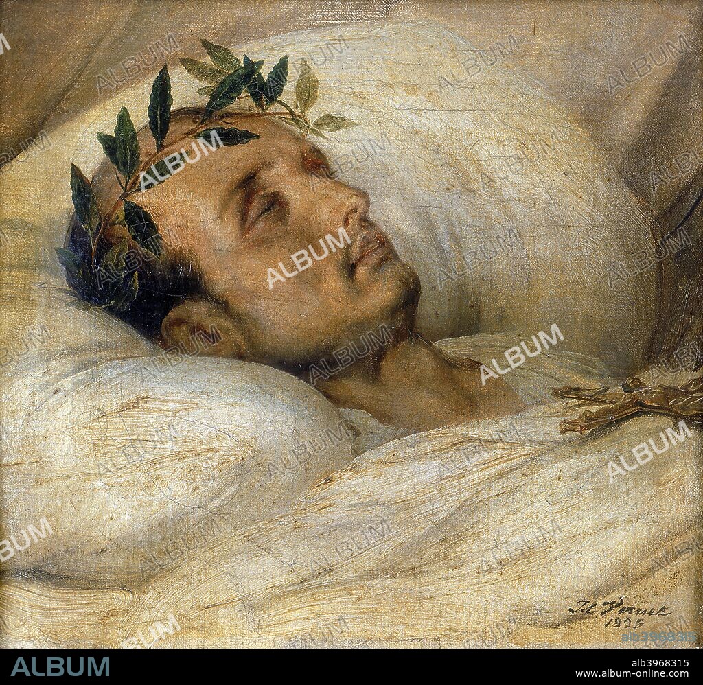 Napoleon on his Deathbed, May 1821. Napoleon Bonaparte (Napoleon I) (1769-1821), Emperor of France 1804-1815. After his defeat at Waterloo in 1815 and his subsequent surrender to the British, he was exiled to the island of St Helena where he died. National Museum of the Legion of Honour.