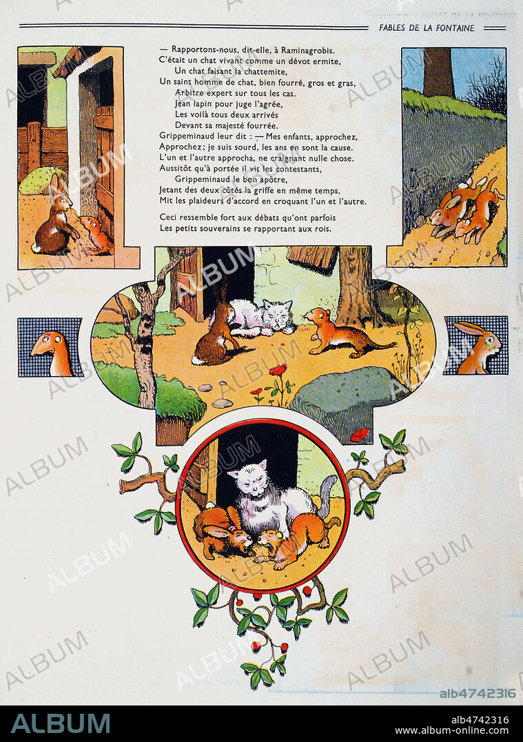 Le Chat, la Belette et le petit Lapin (fin de) . Illustration de Benjamin RABIER (1864-1939) pour les Fables de La Fontaine. Crédit : Jean Vigne/KHARBINE-TAPABOR.