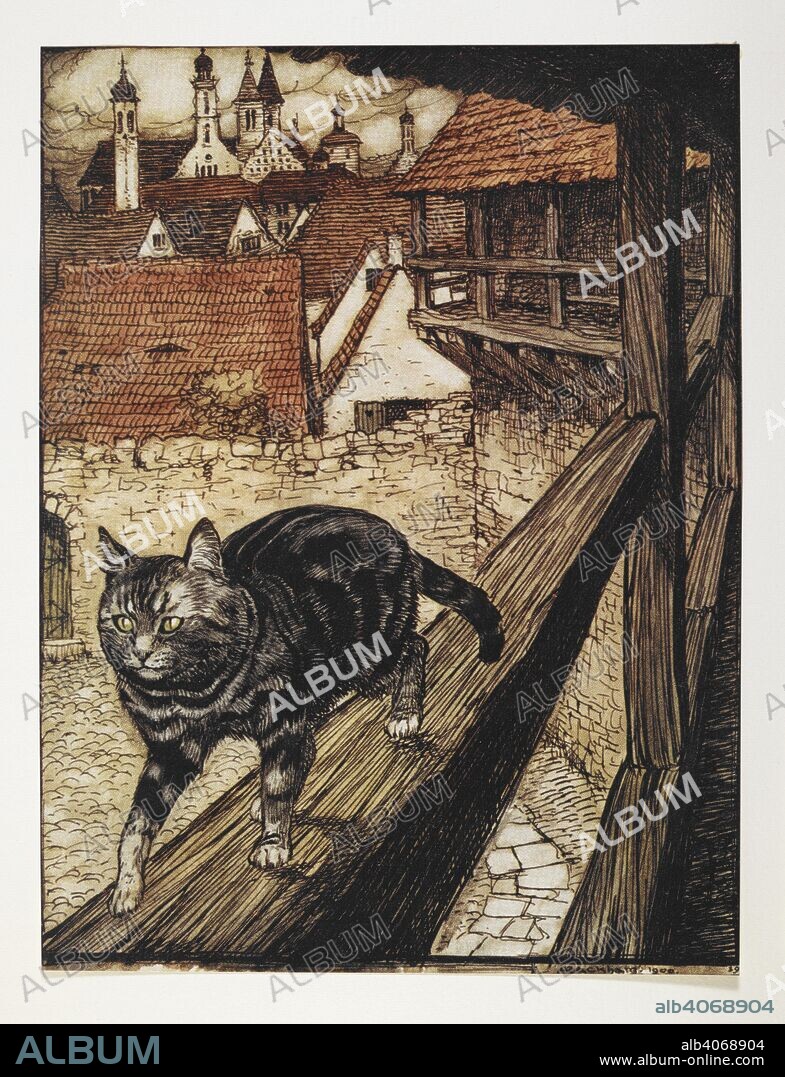 ARTHUR RACKHAM and JACOB LUDWIG CARL GRIMM. A tabby cat walking along the wooden rail of a building. The Fairy Tales of the Brothers Grimm. Illustrated by Arthur Rackham. Translated by Mrs. Edgar Lucas. L.P. London : Constable & Co., 1909. Source: K.T.C.42.b.10 facing page 66.