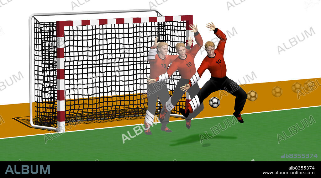 During the game, the goalkeeper must face a series of powerful shots from close in. Rather than trying to stop the ball, he deflects it from the goal. To give opposing players less to shoot at, he advances a step in front of his goal line (which cuts down the angle for the thrower) and uses his entire body to block the shot: arms raised to the side, legs apart. The goalkeeper must always be on his toes so that he can react quickly and kick out his leg to deflect the ball.