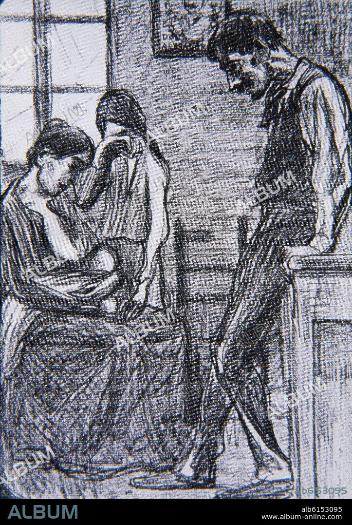 HªCATALUÑA-FOTOGRAFIA DE DIBUJO-DESESPERACION DE FAMILIA OBRERA-1910.
