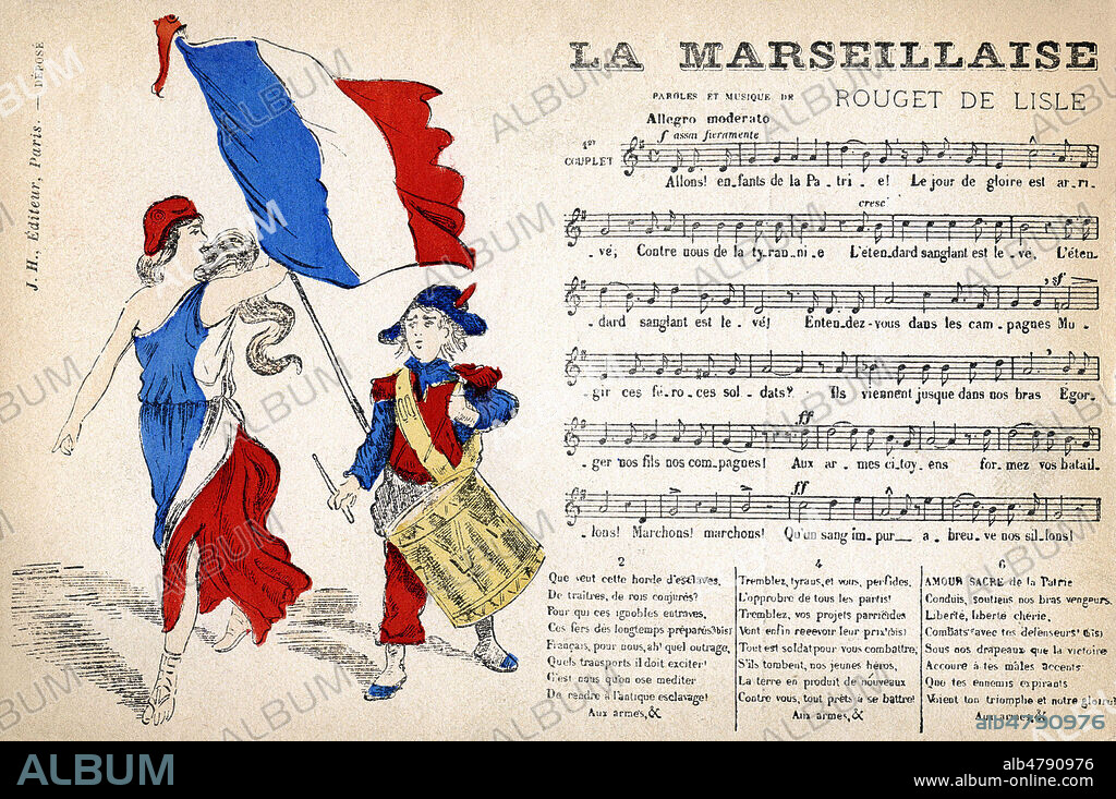 'La Marseillaise', partition de la chanson de Rouget de l'Isle. Illustration anonyme pour une carte postale vers 1906. Credit : IM/KHARBINE-TAPABOR.