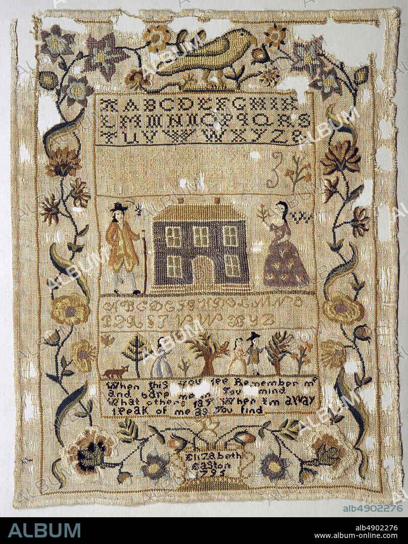 Elizabeth Easton, Embroidered Sampler, American, Elizabeth Easton (born 1783), 1795, Made in Newport, Rhode Island, United States, American, Silk on wool (?), embroidered, 13 7/8 x 10 7/8 in. (35.2 x 27.6 cm), Textiles.