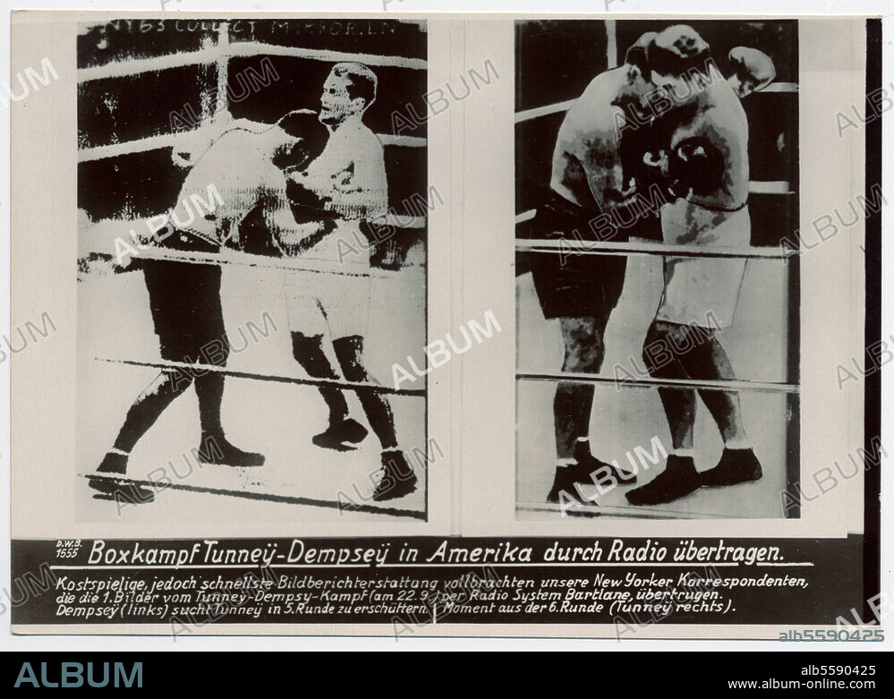 TV:. History. Broadcast of a boxing match between Gene Tunney and Jack Dempsey September 23, 1926 in New York via Bartlane cable picture transmission system to London. Press photo, 1926.
