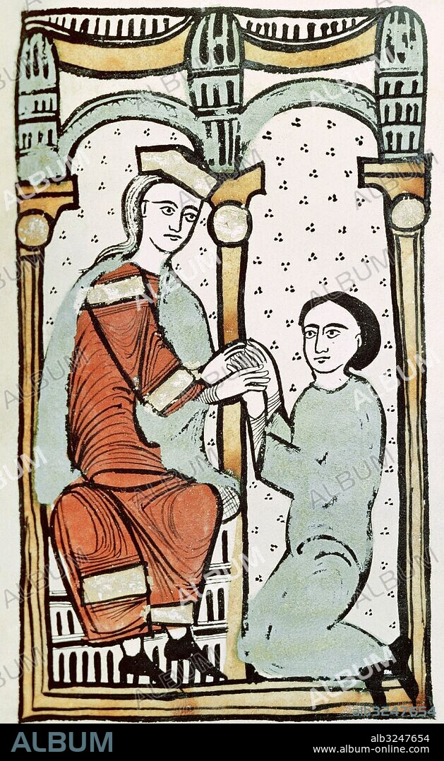 Ermengol IV "el Gerp". Conde de Urgell (1066-1092). En su lucha contra los musulmanes, reconquistó la cuenca de Sió y la zona de los llanos de Urgell. ERMENGOL IV VENDIENDO A SU VASALLO MIR DE TOST (muerto en 1071), EL CASTILLO DE LLORDÀ (cerca de Isona), actual comarca del Pallars Jussà (Lleida). Miniatura del LIBER FEUDORUM MAIOR. Códice del siglo XII. (1192-1196). Archivo de la Corona de Aragón. Barcelona. Cataluña.