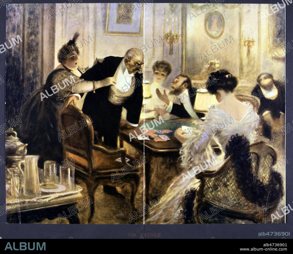 Un Bridge - dispute autour de la table de jeu, salon bourgeois vers 1890 1900. reproduction d'apres peinture de Albert GUILLAUME (1873-1942) .Credit MIGNY/KHARBINE TAPABOR.