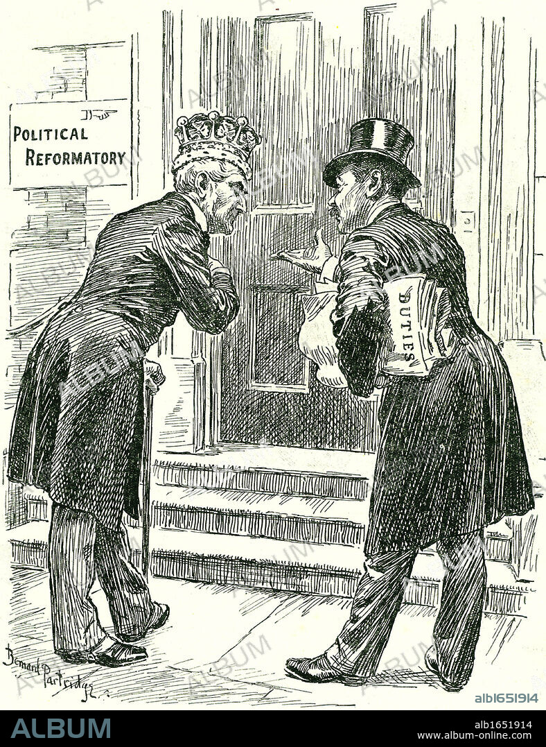 Reform of the House of Lords: Tariff reform making way for debate on the Lords. Bernard Partridge cartoon from 'Punch', London, 7 December 1910.
