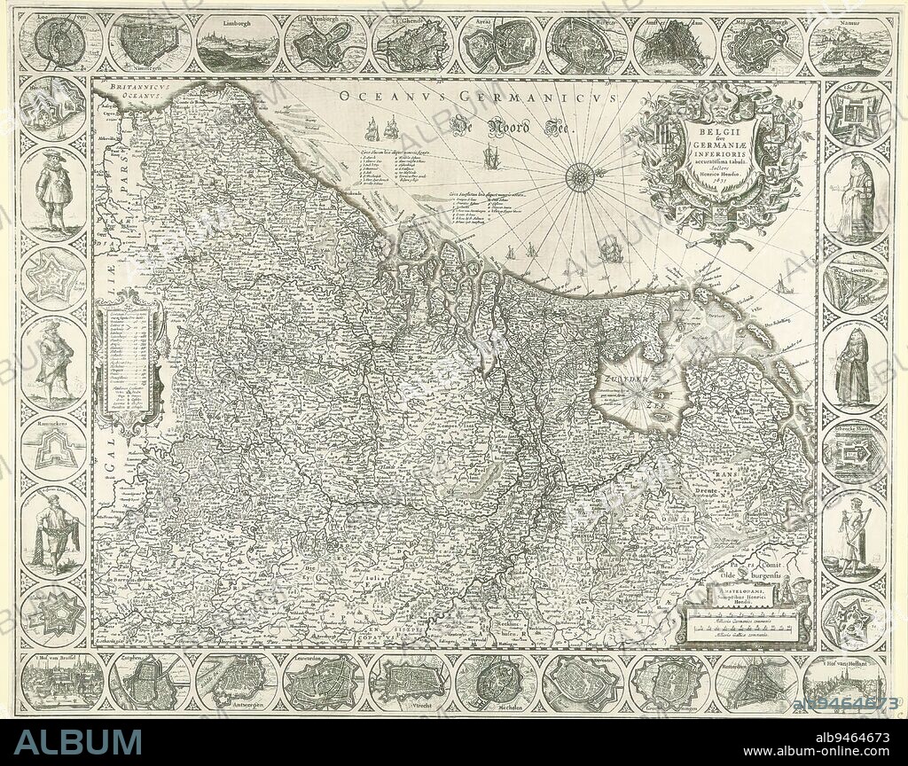 Map of the Netherlands, 1631, Belgii sive Germaniae inferioris accuratissima tabula (title on object), On the left a cartouche with an outline containing topographical information on each province. Top right title cartouche in the form of a shield surrounded by the arms of the Seventeen Provinces. Bottom right cartouche with scale bar: Milliaria Germanica communia, Milliaria Gallica communia. Degrees along the edges. In the border work maps of the most important cities and forts and six medallions with costumes of Dutch men and women, citizens and farmers. With all inscriptions in Latin. Orientation: north right., print maker: Henricus Hondius, (mentioned on object), publisher: Henricus Hondius, (mentioned on object), Amsterdam, 1631, paper, engraving, etching, height 490 mm × width 608 mm.