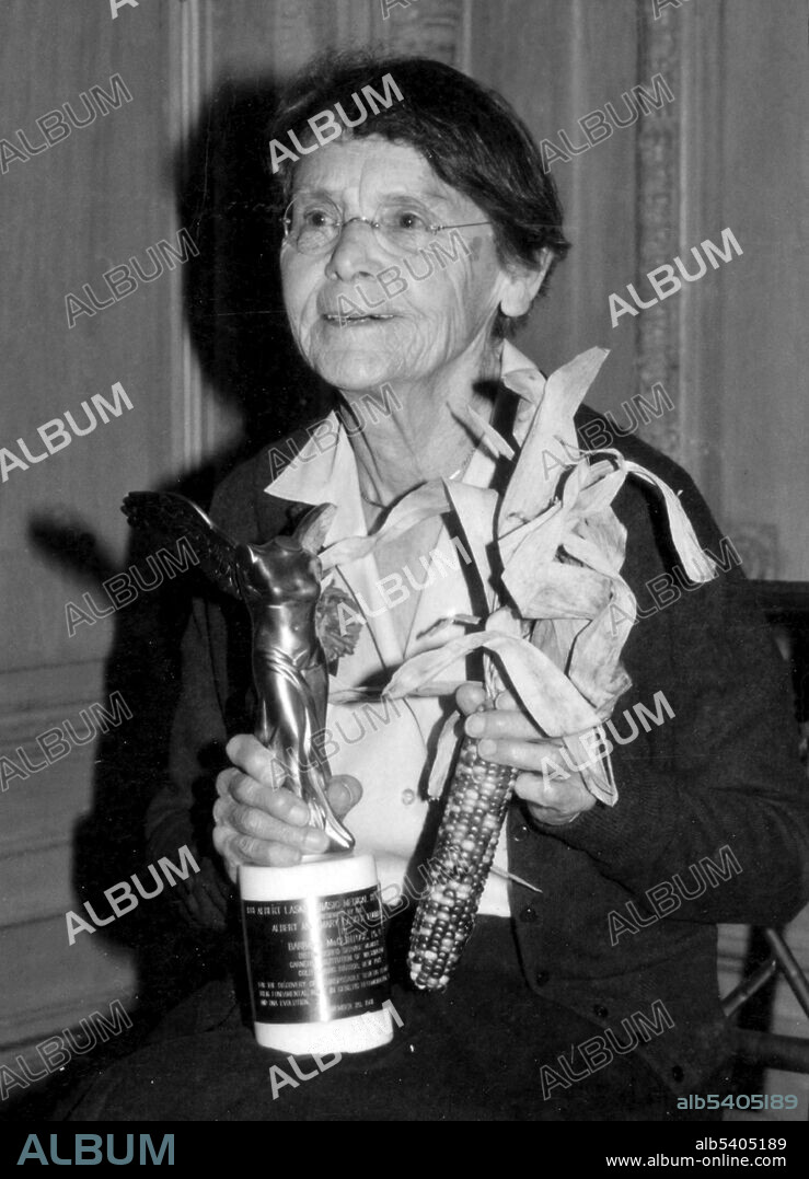 Barbara McClintock holding Lasker Award and an ear of corn. McClintock (1902-1992) was one of the world's most distinguished cytogeneticists. She did groundbreaking research on the phenomenon of how genes in chromosomes could "jump" during the breeding of maize plants. She also showed how certain genes were responsible for turning on or off physical characteristics, such as the color of leaves or individual corn kernels. She developed theories to explain the suppression or expression of genetic information from one generation of maize plants to the next that defied the common wisdom of molecular biology prevalent during the 1950s. In the early 1960s, she traveled extensively, collected maize samples that demonstrated interesting evolutionary characteristics. She and her colleagues spent two decades assembling data on differences in South American maize, which were published in 1981 as "The Chromosomal Constitution of Races of Maize". In 1983, at the age of 81, she received the Nobel Prize in Physiology or Medicine for her work on mobile genetic elements, the first woman to receive an unshared Nobel Prize in that category. Photographed by Bernard Gotfryd, 1981.