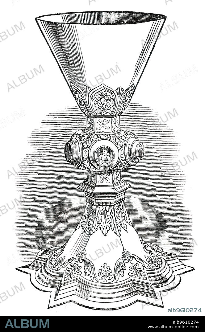 No. 41., Italian Chalice - 15th Century, 1850. Item from an Exhibition of Ancient and Medieval Art in London: 'This example is executed in copper gilt, and is ornamented with enamels of the Apostles round the knob or handle. Notwithstanding that there are many of these chalices of very high antiquity yet extant in our colleges and churches, it is a curious fact that, in the year 1193, all other means of raising the sum required for the ransom of Richard Coeur de Lion having failed, the whole of the church plate in the kingdom was cheerfully contributed for this purpose, the King promising to make restitution when he recovered his liberty - a promise which he subsequently faithfully performed'. From "Illustrated London News", 1850.