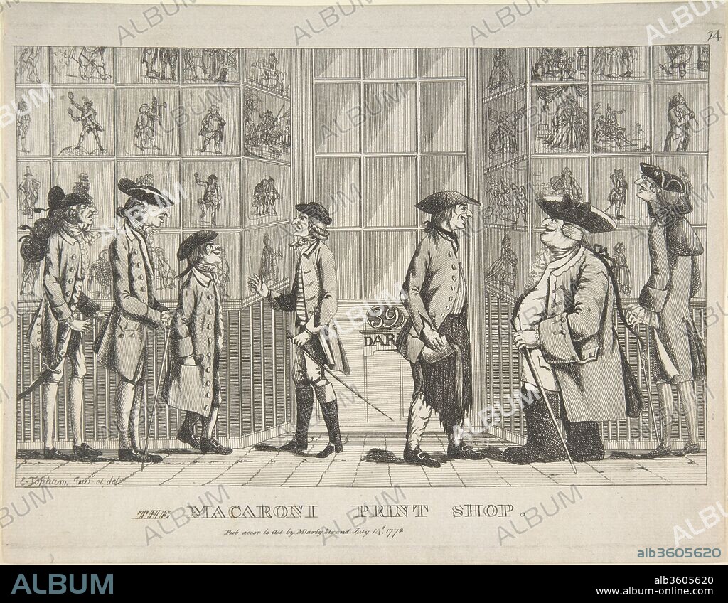 The Macaroni Print Shop. Artist: Edward Topham (British, York 1751-1820 Doncaster). Dimensions: plate: 7 1/16 x 9 13/16 in. (17.9 x 25 cm)
sheet: 7 5/8 x 9 13/16 in. (19.4 x 25 cm). Publisher: Matthew Darly (British, ca. 1720-80 London) (published London); Mary Darly (British, 1760-1781) (published London). Date: July 14, 1772.