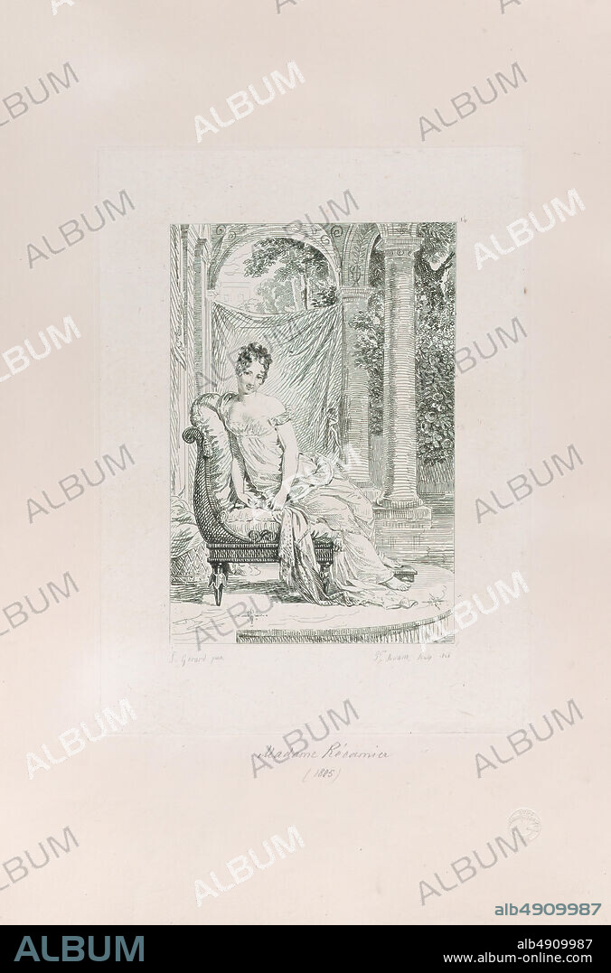 Pierre Michel Adam, Madame Récamier, Collection des Portraits Historiques De M. Le Baron Gérard, Gravées a L'Eau-forte par M. Pierre Adam, After baron François Gérard (French, Rome 17701837 Paris), 1826, Etching, Plate: 10 11/16 × 7 7/8 in. (27.2 × 20 cm), Sheet: 17 5/16 × 11 13/16 in. (44 × 30 cm), Prints.