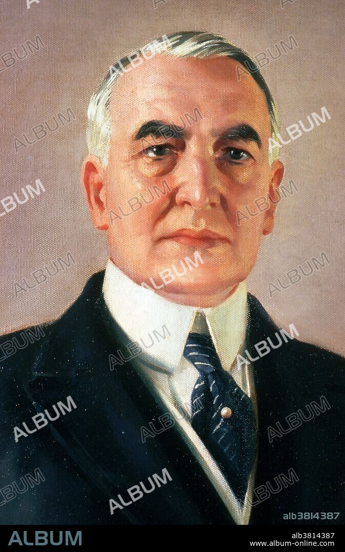 Harding painted in 1923 by Margaret L. Williams. Warren Gamaliel Harding (November 2, 1865 - August 2, 1923) was the 29th President of the United States (1921-23). He defeated Democrat James M. Cox with the largest popular vote landslide (60% to 34%) in presidential history. He sought out the "best minds" in his cabinet, including Andrew Mellon at the Treasury, Herbert Hoover at Commerce, and Charles Evans Hughes at the State Department. He signed the first federal child welfare program, and dealt with striking mining and railroad workers in part by supporting an 8-hour work day. He created the Bureau of the Budget to prepare the first US federal budget. He advocated an anti-lynching bill to curb violence against African Americans, but it failed to pass Congress. In August 1923, Harding suddenly collapsed and died at the age of 57. In recent years there has been some recognition of his fiscal responsibility and endorsement of African-American civil rights. Harding has been viewed as a more modern politician who embraced technology and was sensitive to the plights of minorities, women, and labor.